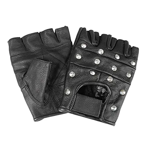 Biker Guantes sin dedos de piel con remaches, hombre, color negro, tamaño small