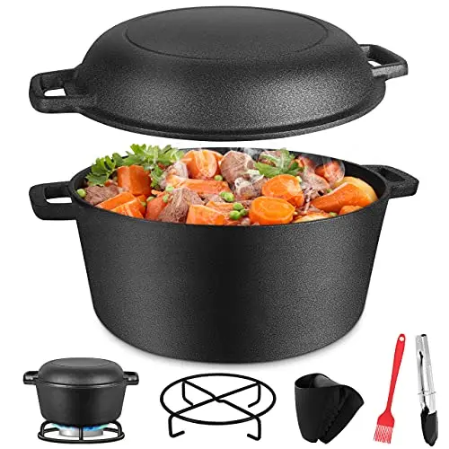 Gifort Cacerola de Hierro Fundido, 4,7L Olla Hierro Fundido Dutch Oven con Tapa para Barbacoa Cocina Camping, Horno Holandes Set con Rejilla, Pinza, Cepillo y Pinzas