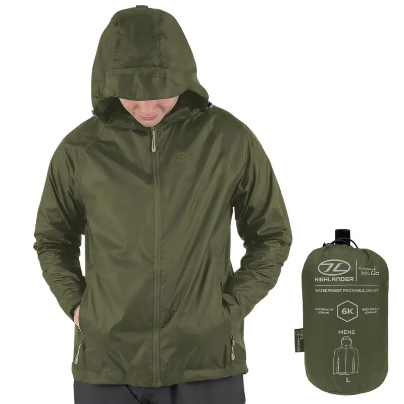 Highlander Chaqueta impermeable para hombre, chaqueta plegable Stow & Go, máxima protección impermeable, ligera y transpirable, perfecta para el día a día y aventuras al aire libre, verde oliva, S