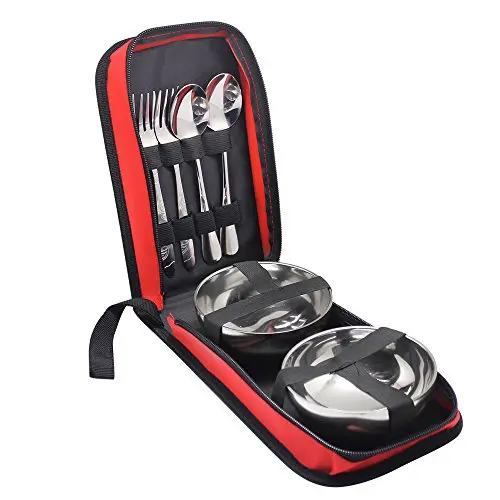 hysagtek portátil acero inoxidable cubertería de acero inoxidable en estuche con cremallera funda soporte, cuchara, tenedor, golpe, palillos para viaje senderismo Camping Picnic 2 personas