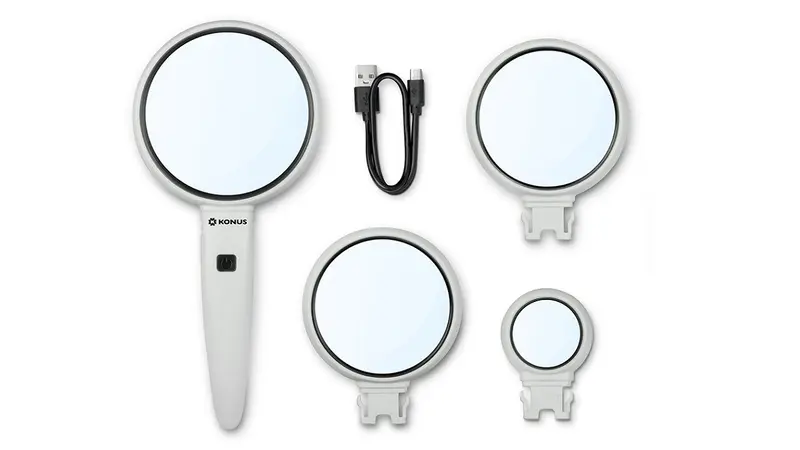 Konus Lupa TRIO - Lupa LED Recargable con 3 Lentes Intercambiables y Mango Desmontable