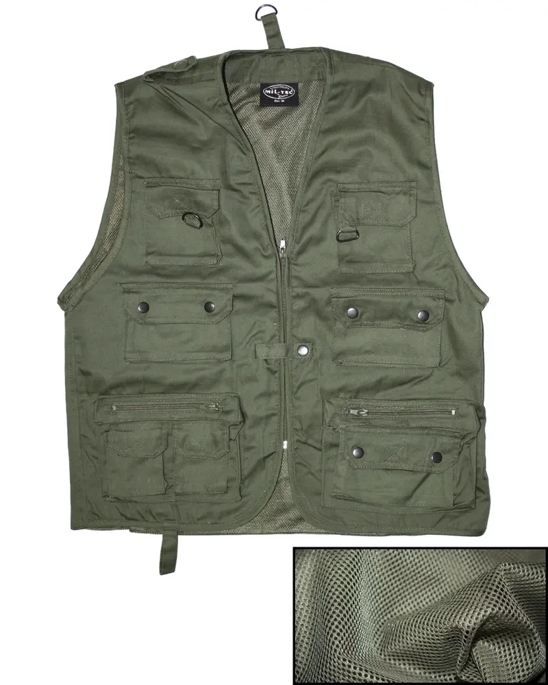 Mil-Tec Chaleco de Caza y Pesca con Red Oliva - Chaleco Multibolsillos para Outdoor