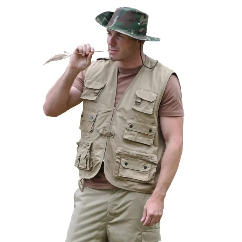 Mil-Tec Chaleco de Caza y Pesca Khaki Talla XXL - Múltiples Bolsillos