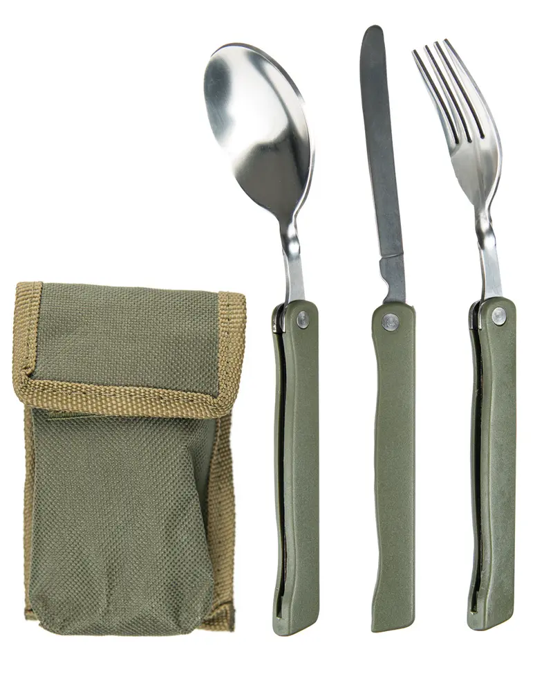 Mil-Tec Cubiertos Plegables 3 Piezas con Funda Oliva - Set Compacto para Camping