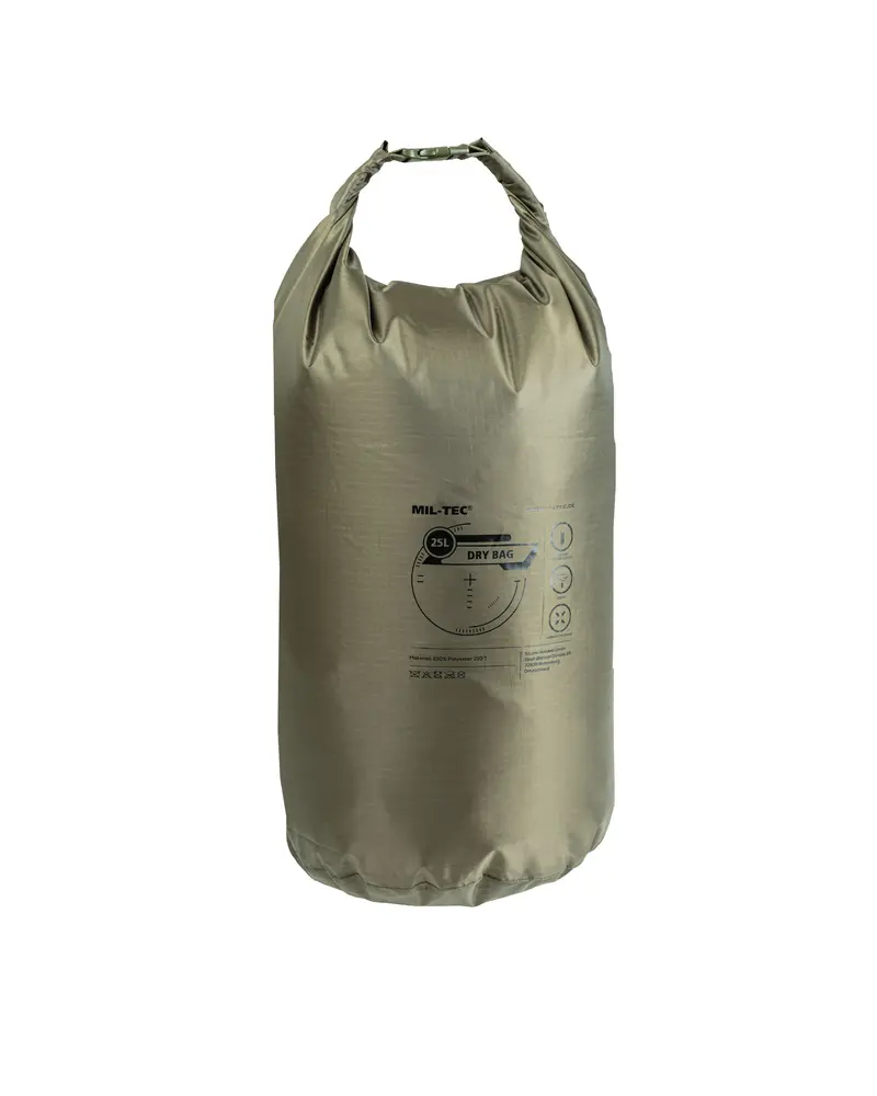 Mil-Tec Dry Bag 25L Oliva - Bolsa Estanca Impermeable para Camping y Deportes Acuáticos
