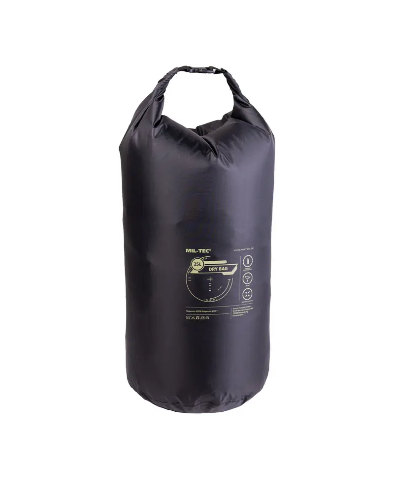 Mil-Tec Dry Bag 25L Schwarz - Bolsa Estanca Impermeable para Camping y Deportes Acuáticos
