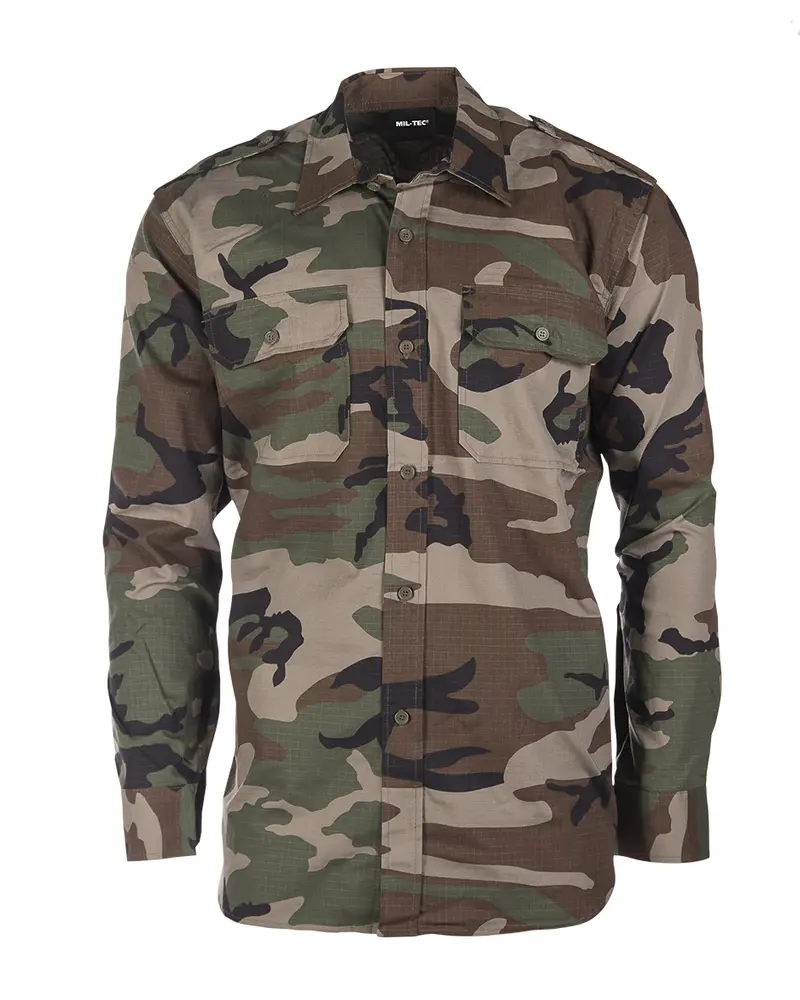 Mil-Tec Feldhemd Ripstop Woodland - Camisa Militar Táctica Camuflaje