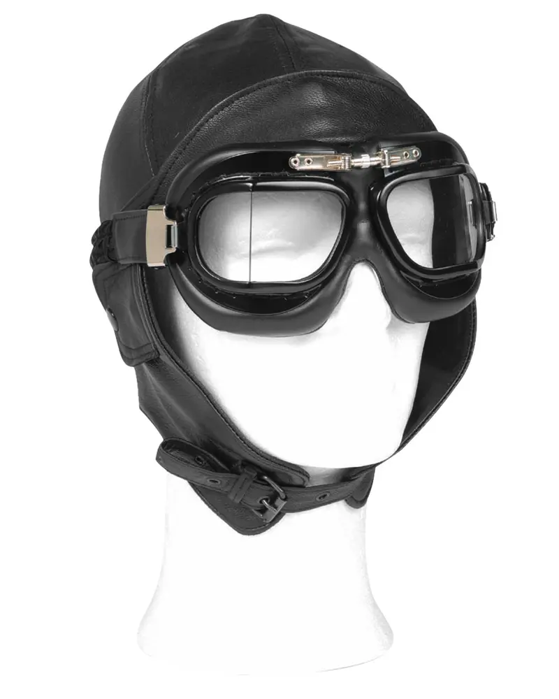 Mil-Tec Flieger Lederhaube Schwarz - Gorra Aviador Cuero Negro Estilo Vintage
