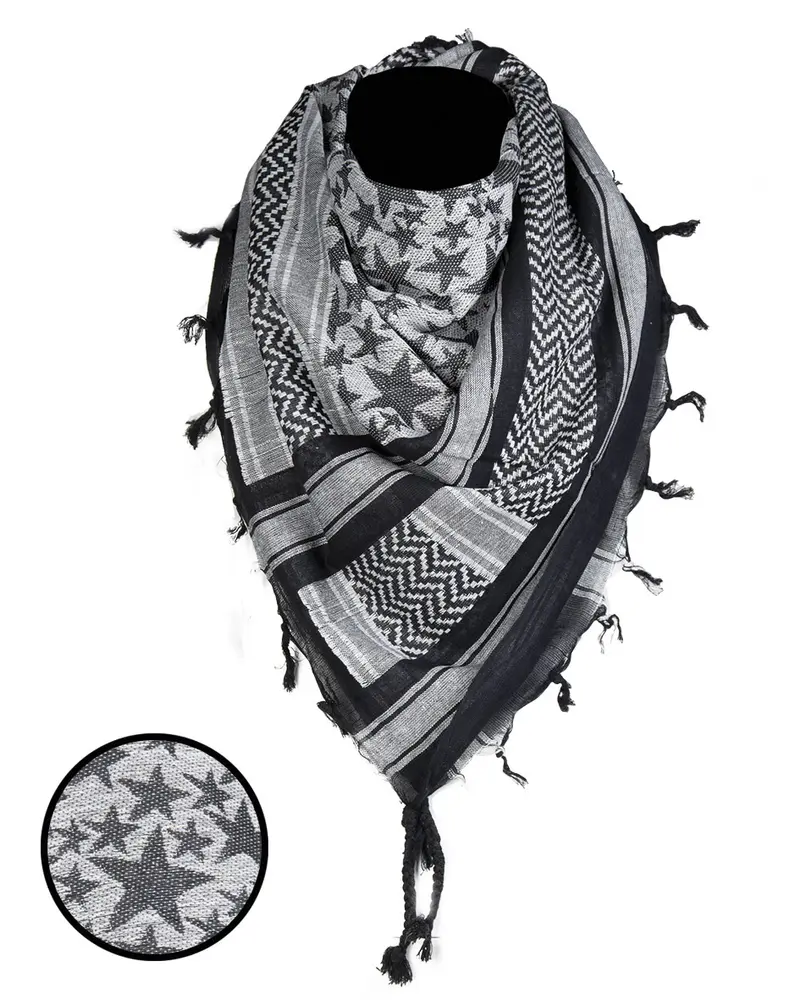 Mil-Tec Pañuelo Shemagh 110x110cm Estrellas Negro/Blanco - Pañuelo Táctico Multiuso
