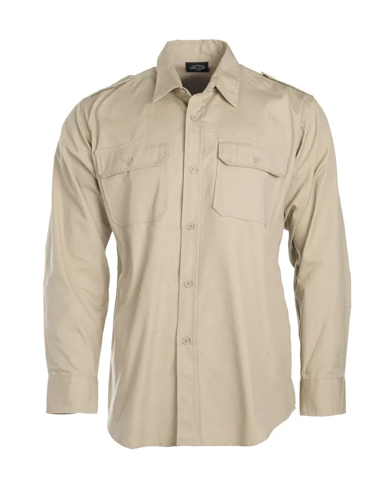 Mil-Tec Tropenhemd Camisa Manga Larga Algodón 100% Khaki Estilo Militar