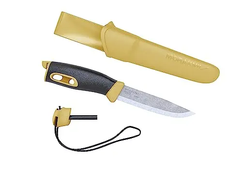 Morakniv Companion Spark - Cuchillo de hoja fija de acero inoxidable con funda y arrancador de fuego, 3.9 pulgadas, amarillo