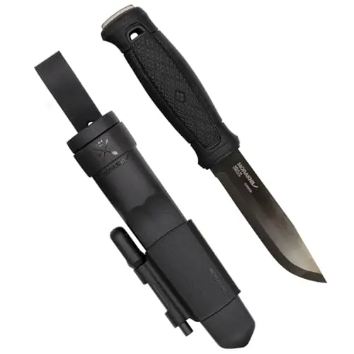 Morakniv Garberg - Cuchillo de hoja fija de espiga completa con hoja de acero al carbono con kit de supervivencia, negro, 4.3 pulgadas