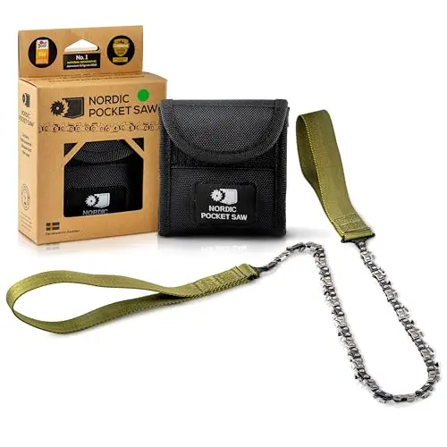 Nordic Pocket Saw Motosierra de Mano - Sierra de Cadena 65 cm con Asas de Nailon - Sierra Manual de Bolsillo Portátil - Sierra Supervivencia Acampada Senderismo - Versión ORIGINAL 33 Dientes