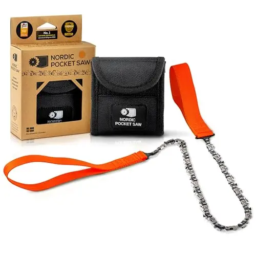 Nordic Pocket Saw Motosierra de Mano - Sierra de Cadena 65 cm con Asas de Nailon - Sierra Manual de Bolsillo Portátil - Sierra Supervivencia Acampada Senderismo - Versión ORIGINAL 33 Dientes