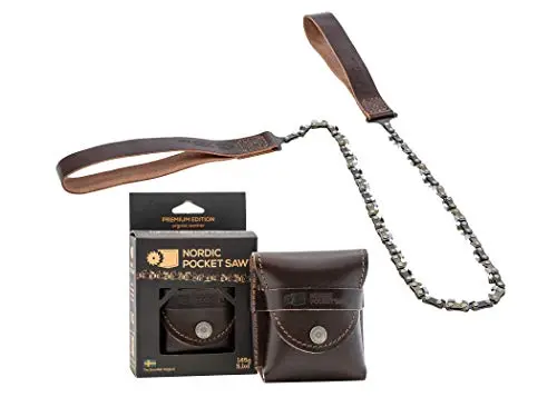 Nordic Pocket Saw Motosierra de Mano - Sierra de Cadena 65 cm - Sierra de Cable PREMIUM con Asas y Funda de Piel - Sierra Manual de Bolsillo Portátil - Sierra Supervivencia Acampada Senderismo