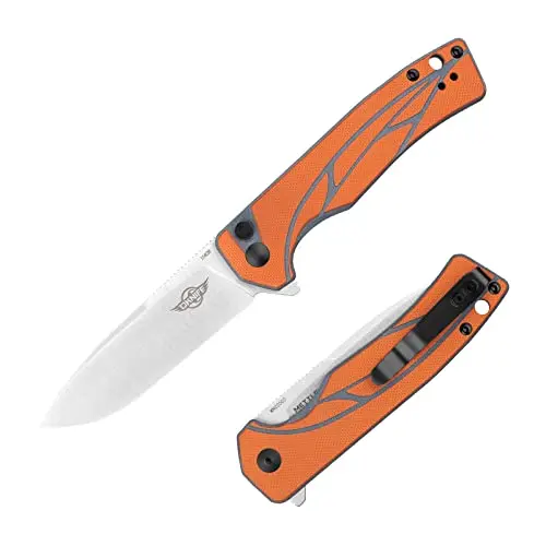 OKNIFE Mettle Navaja de Bolsillo con Hoja(82.3 mm) de 154CM Acero y Botón de Bloqueo Mango G10 y Clip de Bolsillo,para Caza, Camping, Supervivencia(naranja)