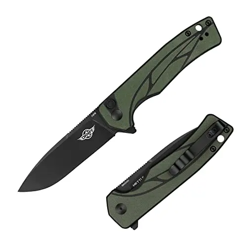 OKNIFE Mettle Navaja de Bolsillo con Hoja(82.3 mm) de 154CM Acero y Botón de Bloqueo Mango G10 y Clip de Bolsillo,para Caza, Camping, Supervivencia(verde)