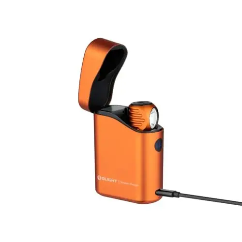 OLIGHT Perun 3 Mini Premium, Linterna LED 1250 Lúmenes, Luz Blanca y Roja, Recargable con Estuche de Carga 5000mAh, IPX8 (Naranja)