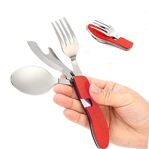 Senven® 4-en-1 Cubiertos Plegables, Vajilla Portátil de Acero Inoxidable para Camping, Vajilla Plegable Desmontable, Incluye Cuchillo, Tenedor, Cuchara y Abridor –– Rojo