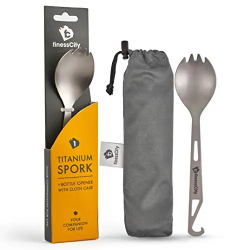 Spork de Titanio (Cuchara-Tenedor) con abre Botellas con estuche de tela