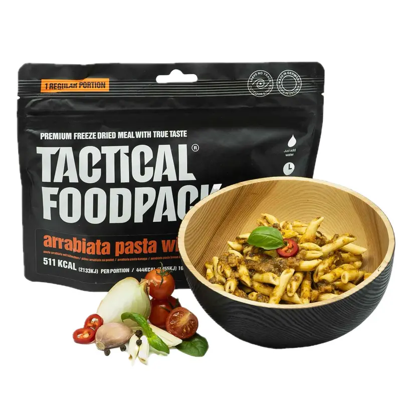 Tactical Foodpack Macarrones Arrabiata con Pollo - Ración Militar Liofilizada 511 kcal